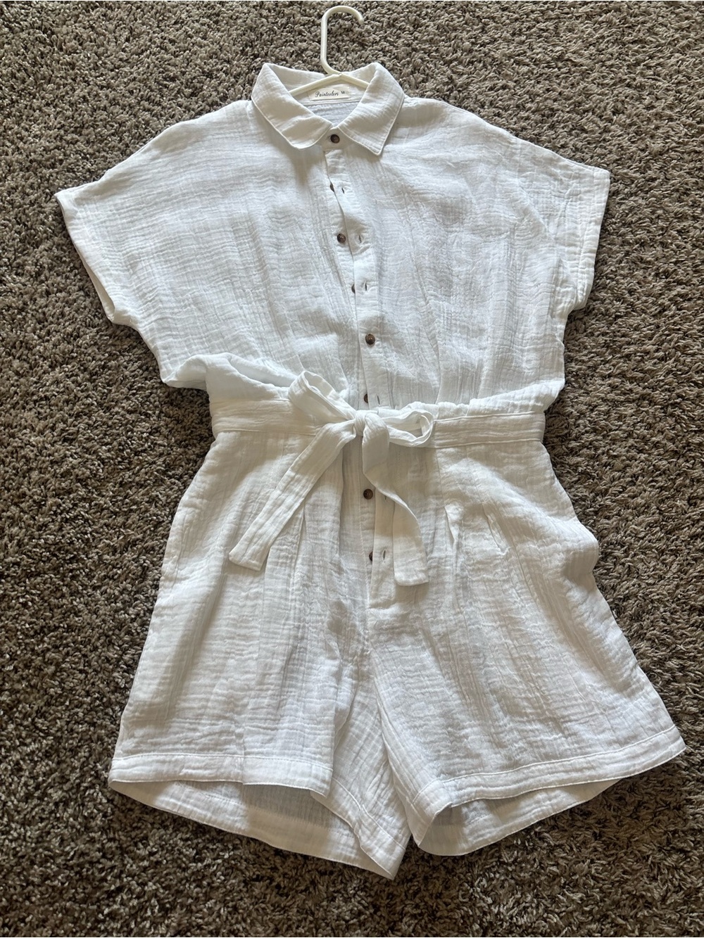 White Button-Front One-Piece Romper with Tie Waist